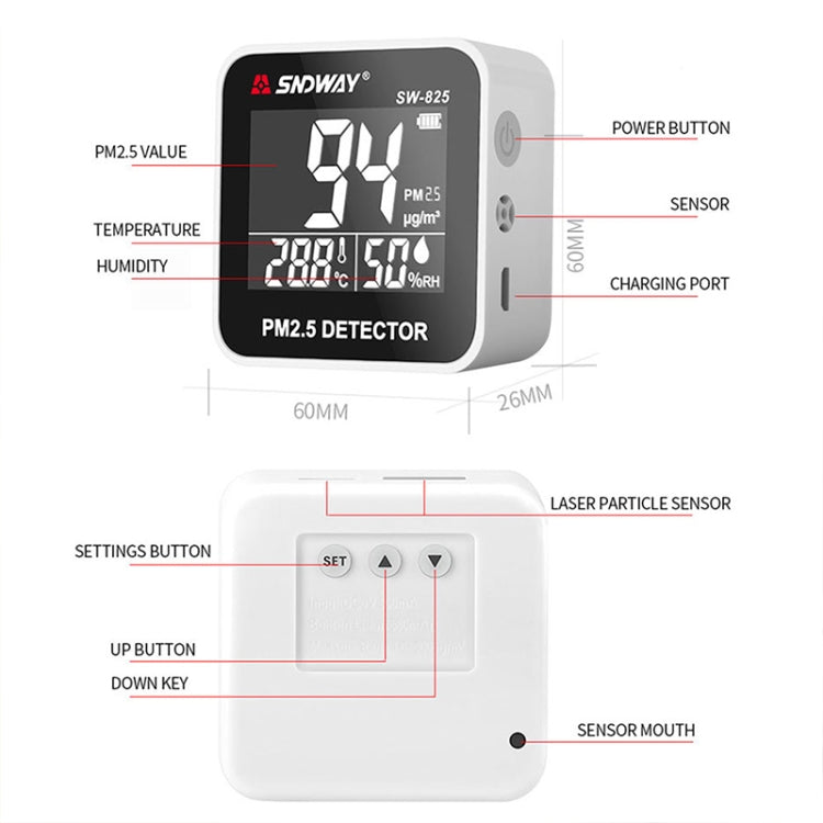 SNDWAY SW-825 Rilevatore di purificazione in tempo reale della qualità dell'aria da tavolo con ricarica micro USB con schermo LED HiD, supporto prompt di allarme