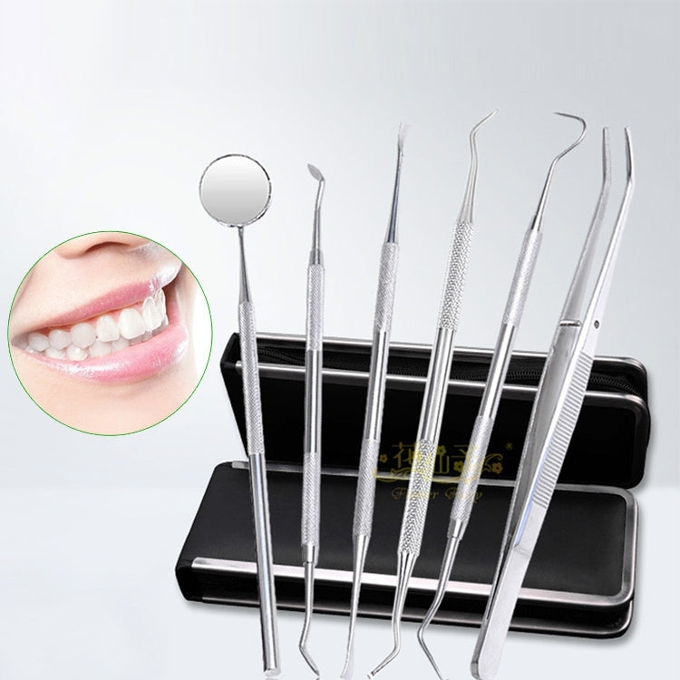 Set di strumenti dentali 6 in 1 (sonda in acciaio inossidabile + dentista a forma di zappa + dentista con falce + dispositivo per eliminare le macchie dei denti + pinzette dentali + specchietto per la bocca), 6 in 1