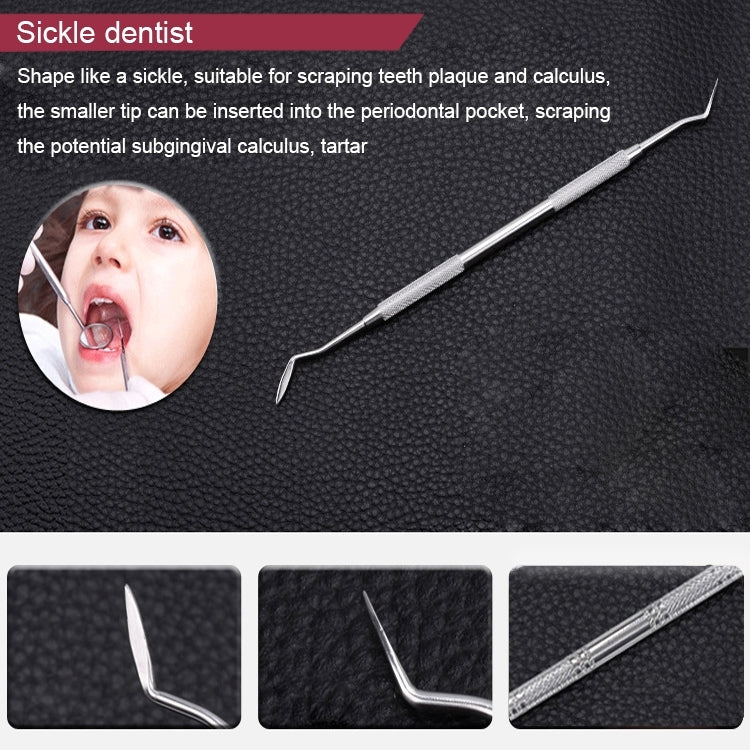 Set di strumenti dentali 6 in 1 (sonda in acciaio inossidabile + dentista a forma di zappa + dentista con falce + dispositivo per eliminare le macchie dei denti + pinzette dentali + specchietto per la bocca), 6 in 1