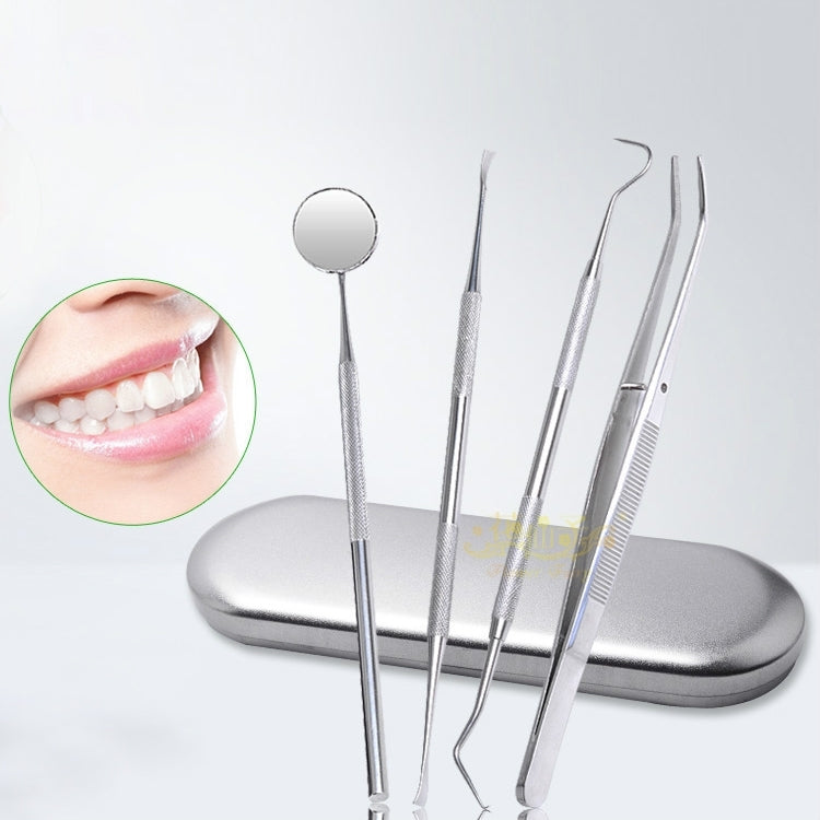 Set di strumenti dentali 4 in 1 (sonda in acciaio inossidabile + dentista a forma di zappa + pinzette dentali + specchietto per la bocca), 4 in 1