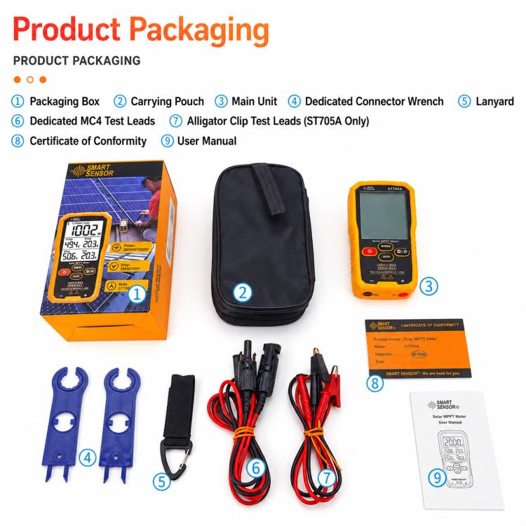 SMART SENSOR ST705A Tester per pannelli solari da 2000 W, misuratore MPPT fotovoltaico multimetro, ST705A