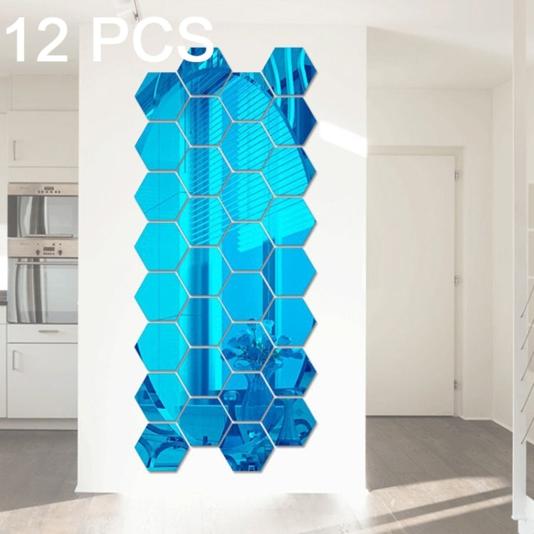 Set di adesivi murali a specchio esagonale 3D da 12 pezzi, dimensioni: 8 * 8 cm, Size: 8*8cm (Black), Size: 8*8cm(Gold), Size: 8*8cm(Blue), Size: 8*8cm(Red), Size: 8*8cm(Silver)