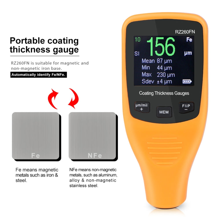 RZ260FN Ultrasonic Coating Paint Thickness Gauge Tools 2 in 1 LCD Display Ferrous and Non-Ferrous