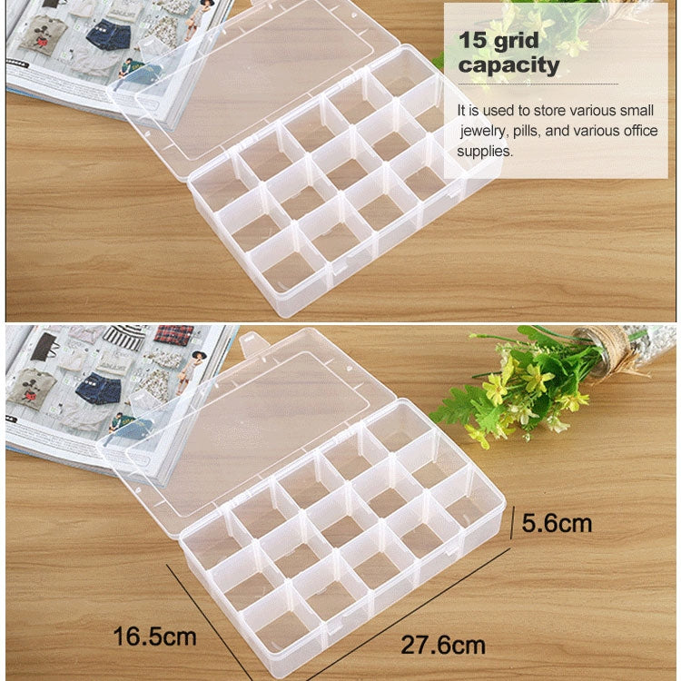 Organizzatore di scatole di plastica con scomparto a griglia rimovibile per gioielli, orecchini, ganci da pesca, piccoli accessori, dimensioni: grande, 15 slot, 15 Slots