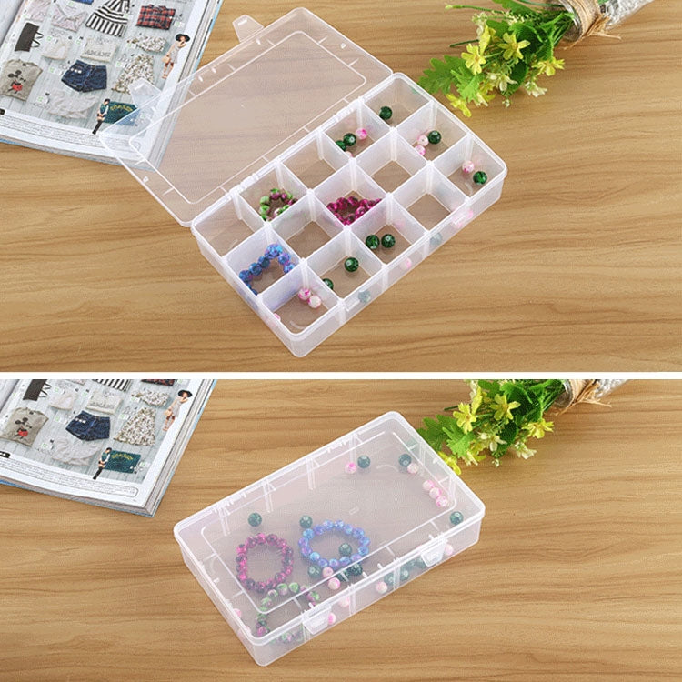 Organizzatore di scatole di plastica con scomparto a griglia rimovibile per gioielli, orecchini, ganci da pesca, piccoli accessori, dimensioni: grande, 15 slot, 15 Slots