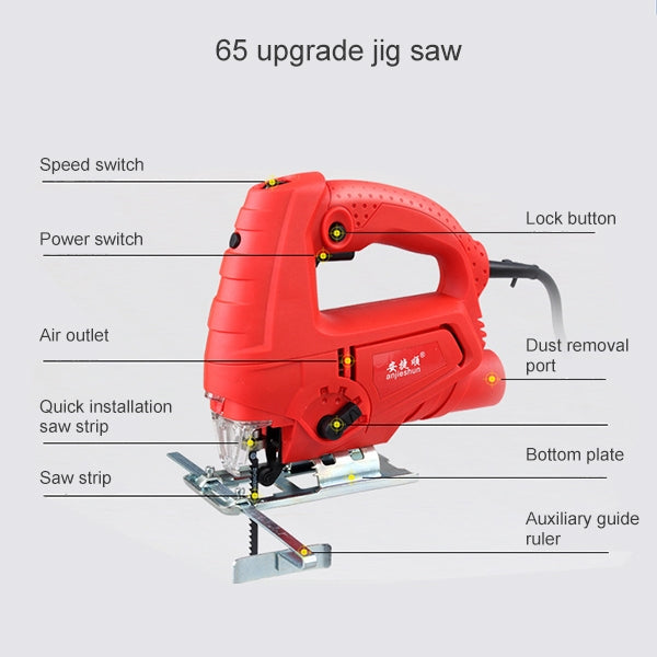 Seghetto alternativo 220V Sega elettrica Lavorazione del legno Utensili elettrici Sega a catena multifunzione Seghe a mano Macchina da taglio per legno con laser e 10 lame per sega, spina europea, 65 Quick Install Version