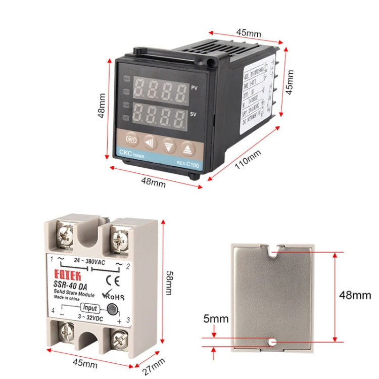 REX-C100 Thermostat + Thermocouple + Intelligent Temperature Control Kit with SSR-25DA, 25DA Solid State Module