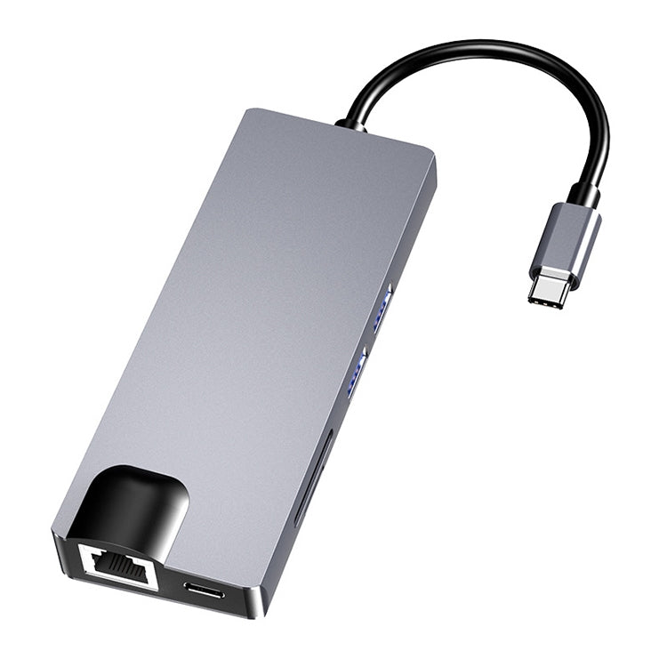 HW-TC12 Adattatore HUB di estensione multifunzionale 8 in 1 Type-C / USB-C Lettore di schede hub Hdmi / VGA + scheda di rete
