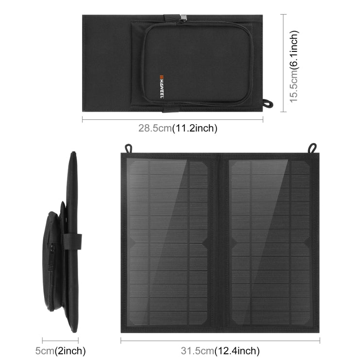 HAWEEL 12W 2 Panels Foldable Solar Panel Charger Bag with Max 5V/3.1A Dual USB Ports, Support QC3.0 and AFC, 12W 2 Panels