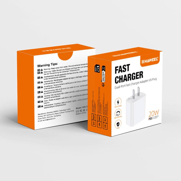 Adattatore caricabatterie rapido a doppia porta HAWEEL da 20 W, spina USA, Dual-Port Charger US Plug
