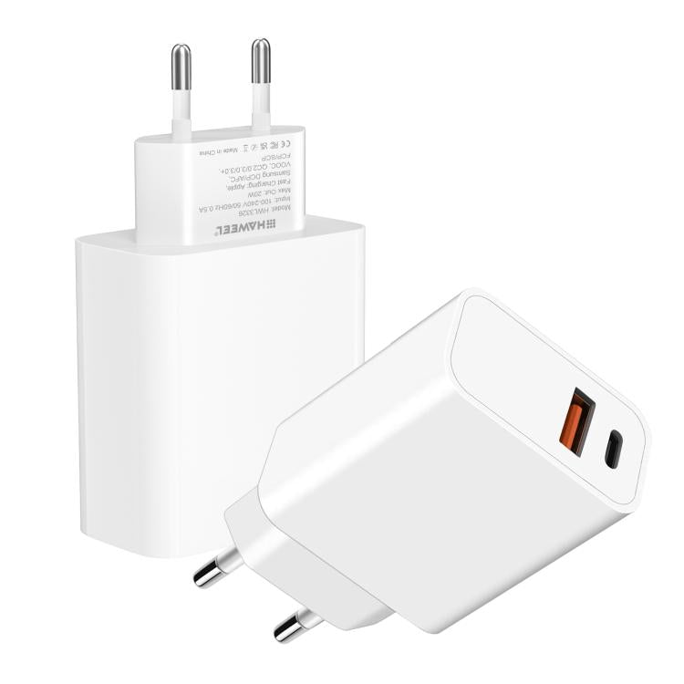 Adattatore caricabatterie rapido a doppia porta HAWEEL da 20 W, spina europea, Dual-Port Charger EU Plug