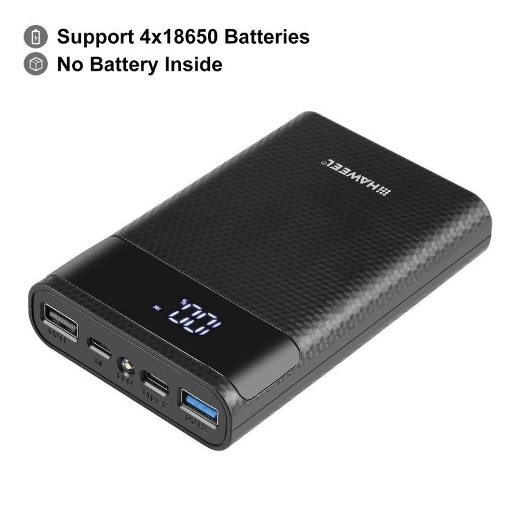 HAWEEL DIY 4x 18650 Batteria (Non Inclusa) Caricatore QC a doppia via da 12000mAh Power Bank Shell Box con 2x Uscite e Display USB, Supporto QC 2.0 / QC 3.0 / FCP / SFCP / AFC / MTK / BC 1.2 / PD, DIY 4x 18650 Batteries 12000mAh