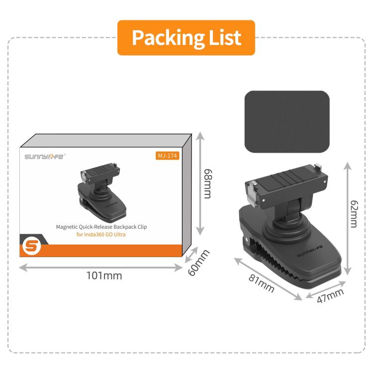 Per Insta360 GO Ultra Sunnylife Clip magnetica a sgancio rapido per zaino, morsetto per action camera, supporto verticale/orizzontale, For Insta360 GO Ultra