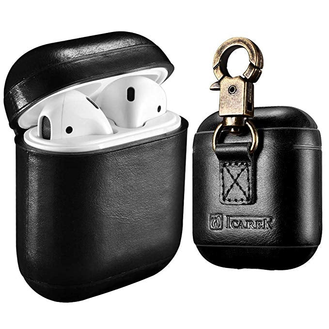 ICARER Custodia protettiva per scatola di ricarica per auricolari wireless anti-smarrimento in pelle di vacchetta per Apple AirPods 1/2, con chiusura, with Clasp Brown, with Clasp Black), with Clasp Khaki, with Clasp Red