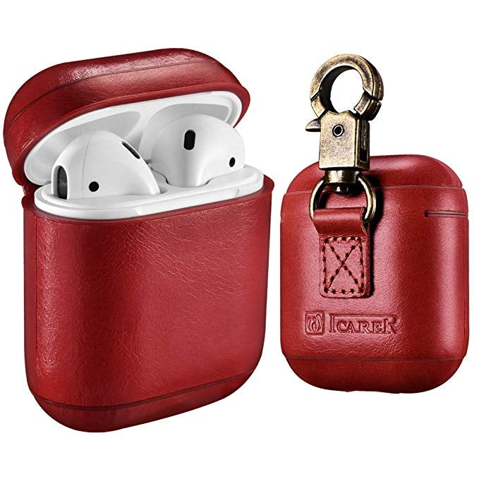 ICARER Custodia protettiva per scatola di ricarica per auricolari wireless anti-smarrimento in pelle di vacchetta per Apple AirPods 1/2, con chiusura, with Clasp Brown, with Clasp Black), with Clasp Khaki, with Clasp Red