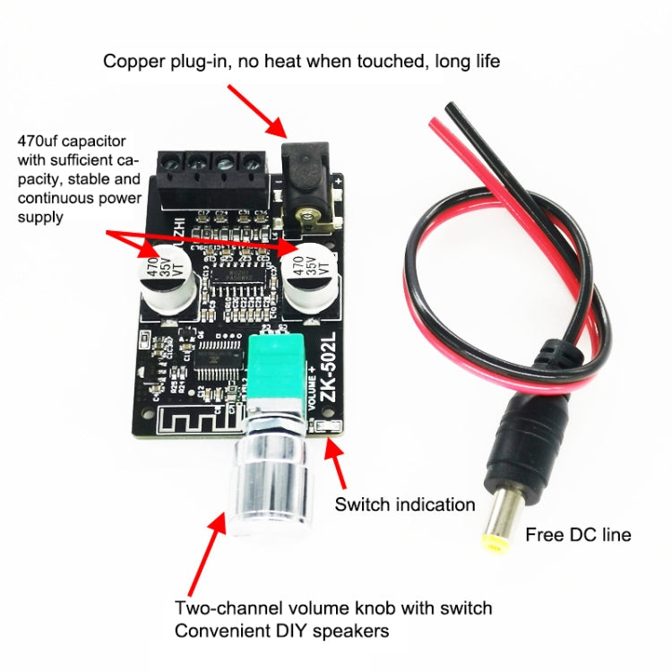 ZK-502L Bluetooth 5.0 12/24V Digital Wireless Stereo Audio Power Amplifier Board 50Wx2 Bluetooth Amplifier Amplifier, without Shell, ZK-502L without Shell