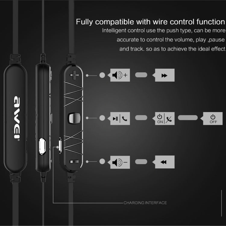 Auricolare Bluetooth magnetico sportivo wireless AWEI A980BL con controllo via cavo, supporto per chiamate in vivavoce