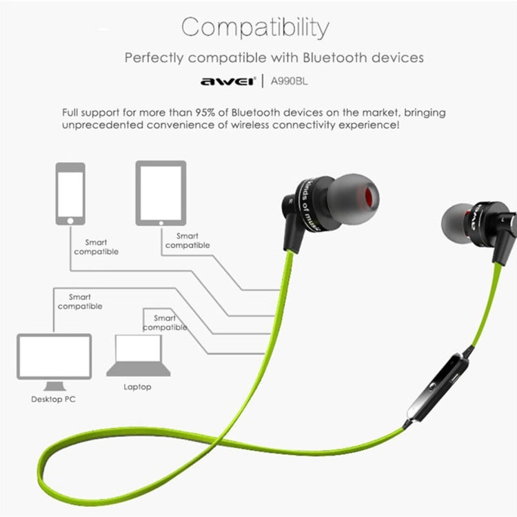 Auricolare stereo Bluetooth sportivo wireless AWEI A990BL con controllo via cavo + microfono, supporta chiamate in vivavoce