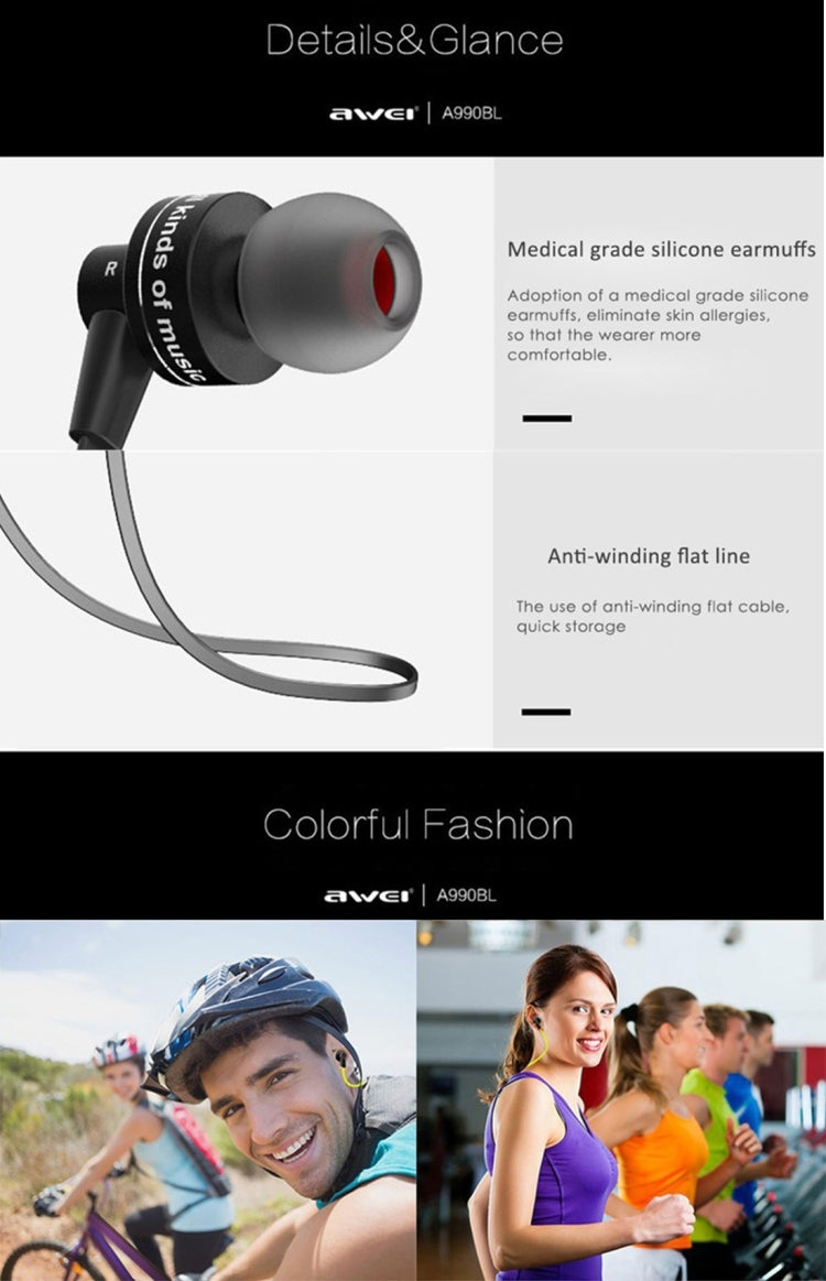 Auricolare stereo Bluetooth sportivo wireless AWEI A990BL con controllo via cavo + microfono, supporta chiamate in vivavoce