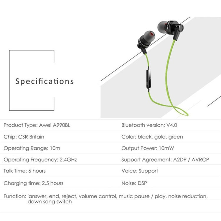 Auricolare stereo Bluetooth sportivo wireless AWEI A990BL con controllo via cavo + microfono, supporta chiamate in vivavoce