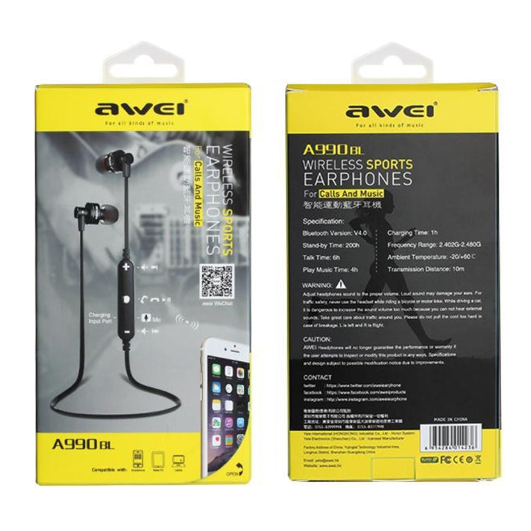 Auricolare stereo Bluetooth sportivo wireless AWEI A990BL con controllo via cavo + microfono, supporta chiamate in vivavoce