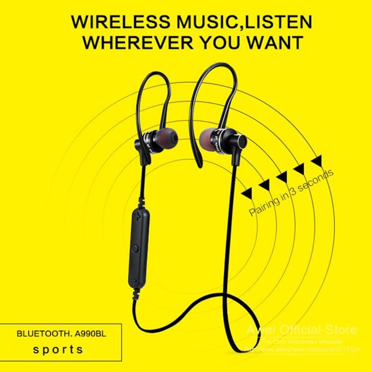Auricolare stereo Bluetooth sportivo wireless AWEI A990BL con controllo via cavo + microfono, supporta chiamate in vivavoce