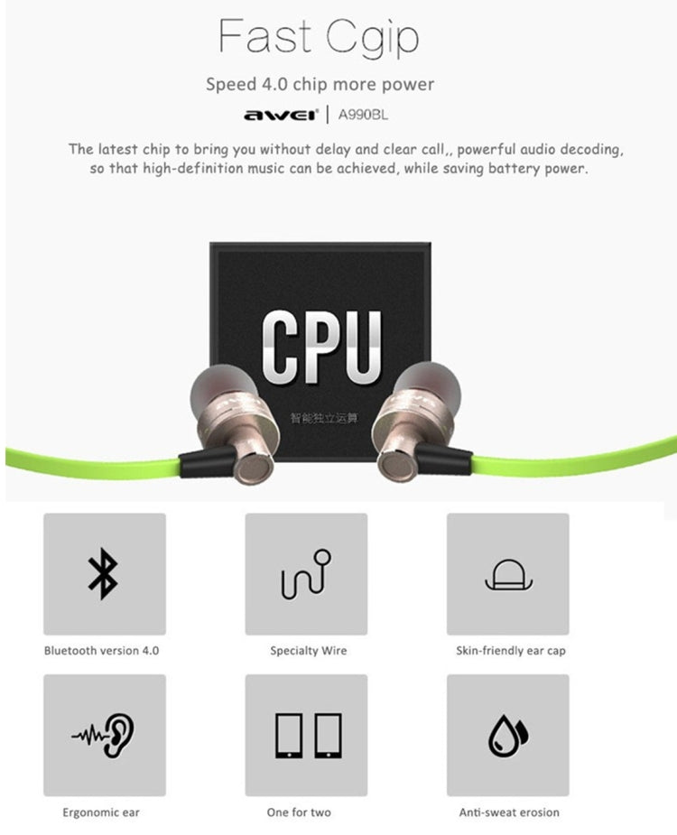Auricolare stereo Bluetooth sportivo wireless AWEI A990BL con controllo via cavo + microfono, supporta chiamate in vivavoce