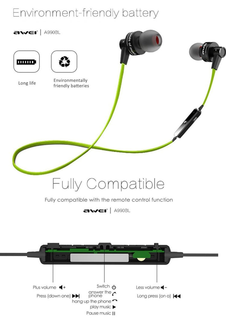 Auricolare stereo Bluetooth sportivo wireless AWEI A990BL con controllo via cavo + microfono, supporta chiamate in vivavoce