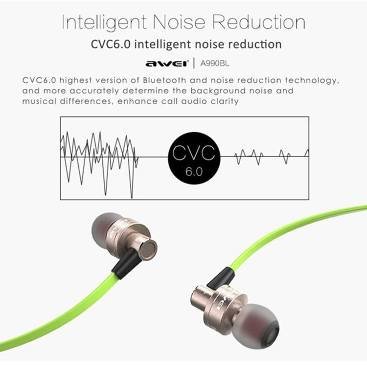 Auricolare stereo Bluetooth sportivo wireless AWEI A990BL con controllo via cavo + microfono, supporta chiamate in vivavoce