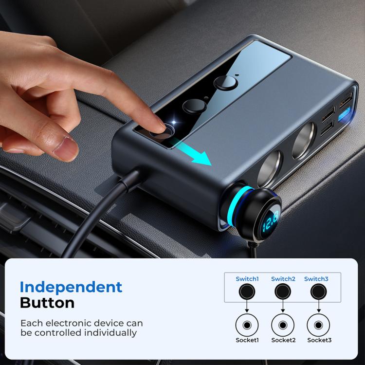 JOYROOM JR-CL06 9 in 1 154W PD USB-C / Type-C + Dual QC3.0 USB + 3 USB + 3 fori per accendisigari Display digitale Caricatore per auto, JR-CL06