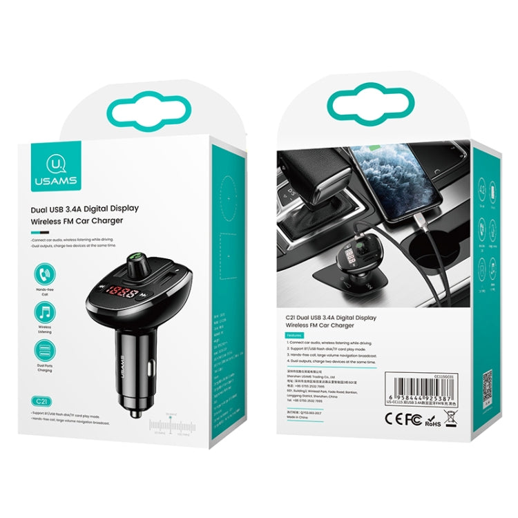 USAMS US-CC115 C21 Caricatore per auto wireless FM con doppio display digitale USB 3.4A, US-CC115 C21