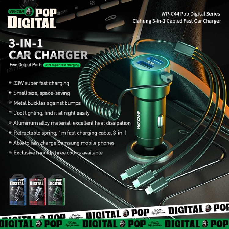 WK WP-C44 Pop Digital Series Ciahung 3-in-1 Caricatore per auto veloce Dual-USB cablato da 33 W, WP-C44 (Black), WP-C44 (Green), WP-C44 (Silver)