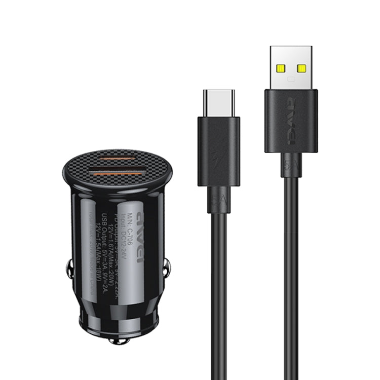 Caricabatteria da auto awei C-706 20W PD Type-C + QC 3.0 Type-A con cavo dati CL-110T, C-706