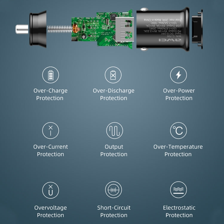 Caricabatteria da auto awei C-706 20W PD Type-C + QC 3.0 Type-A con cavo dati CL-110T, C-706