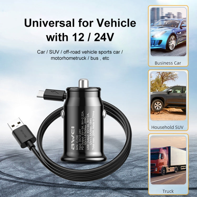 Caricabatteria da auto awei C-706 20W PD Type-C + QC 3.0 Type-A con cavo dati CL-110T, C-706