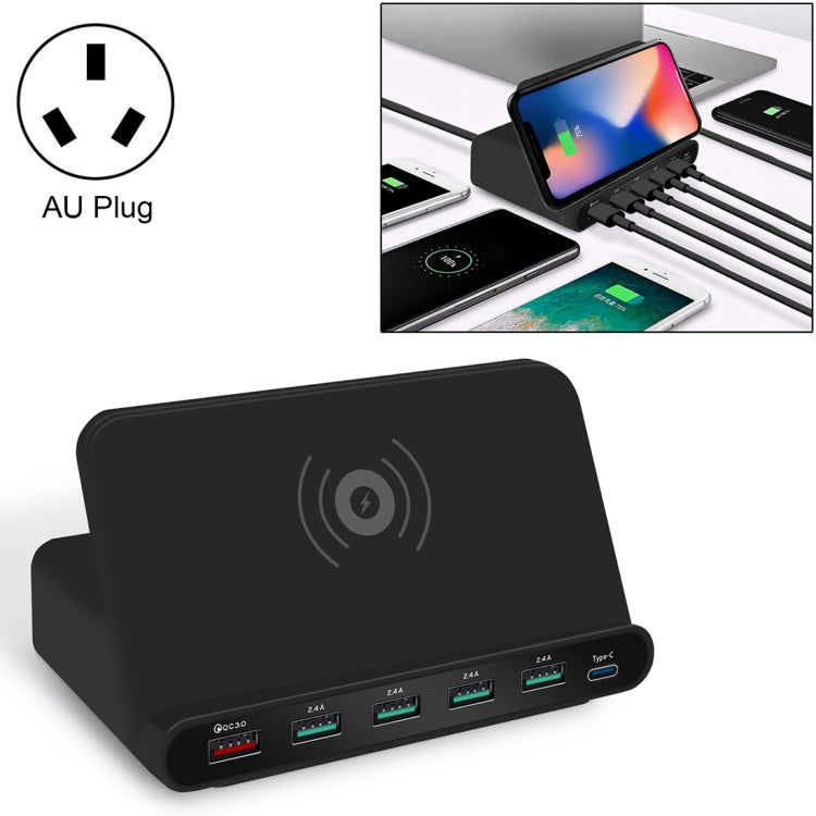 Interfaccia USB QC 3.0 da 828 W 7 in 1 60 W + 4 porte USB + interfaccia USB-C / Type-C + caricabatterie multifunzione con ricarica wireless con funzione di supporto per telefono cellulare, spina AU, AU Plug Black, AU Plug White