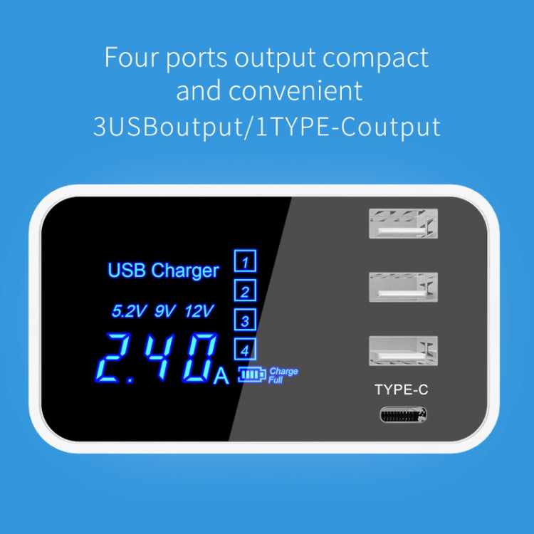 CDA30 20W 3 porte USB + porte USB-C/Type-C Caricabatterie multifunzione con display LED, presa EU, EU Plug