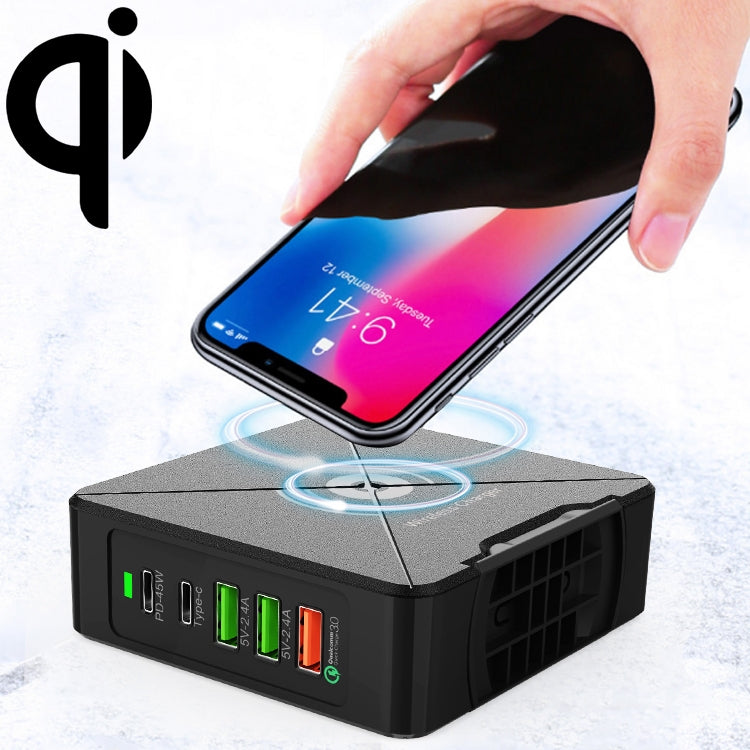 F88W 3 porte USB + 2 porte USB-C/Type-C Caricatore da tavolo QC3.0 con funzione di ricarica wireless, F88W