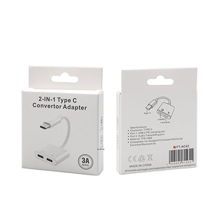 FT_AC42 2 in 1 18 W PD USB-C/tipo-C maschio a USB-C/audio tipo-C + adattatore audio femmina di ricarica USB-C/tipo-C