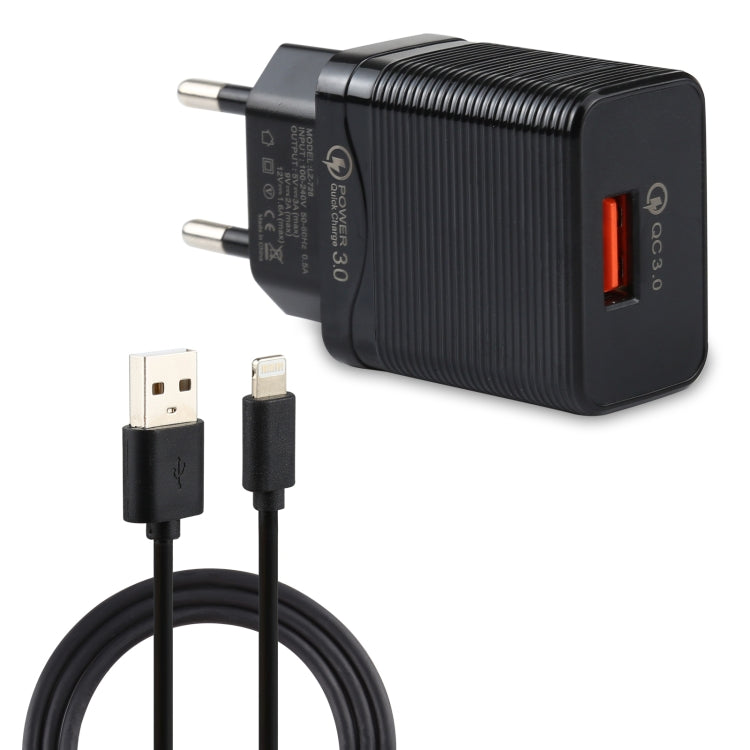 LZ-728 Caricatore da viaggio con interfaccia USB QC 3.0 2 in 1 da 18 W + set di cavi dati da USB a 8 pin, spina europea, lunghezza cavo: 1 m, with 8 Pin Cable