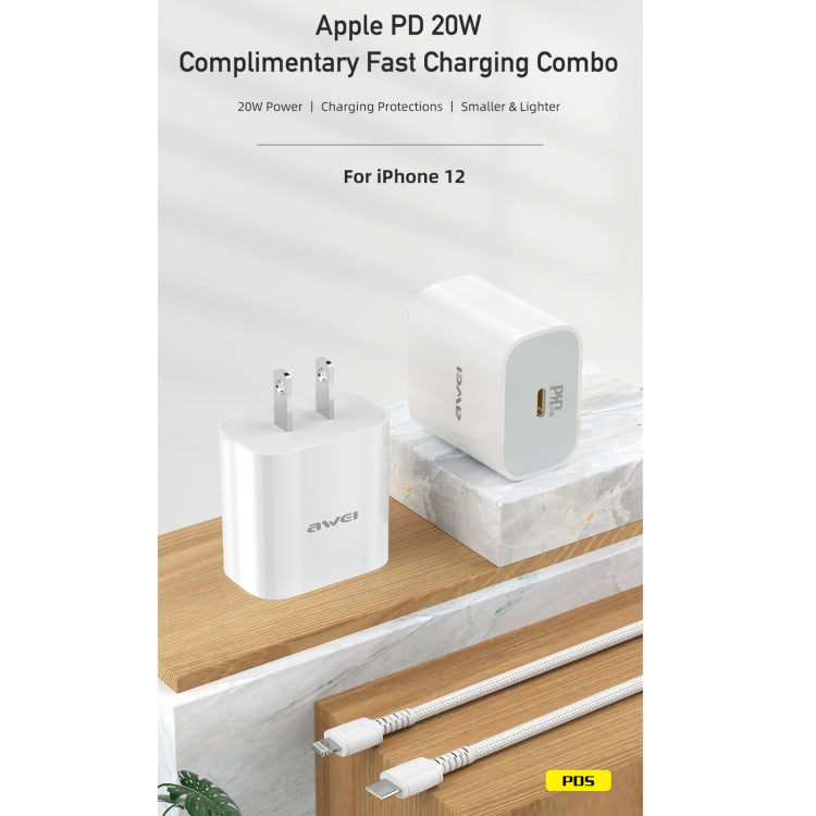 awei PD5 PD 20W Caricatore da viaggio a ricarica rapida Adattatore di alimentazione con cavo Type-C / USB-C a 8 pin, presa americana