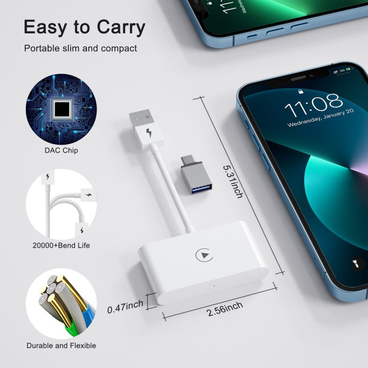Adattatore Carplay USB + USB-C / Type-C cablato o wireless per iPhone, White Rectangle