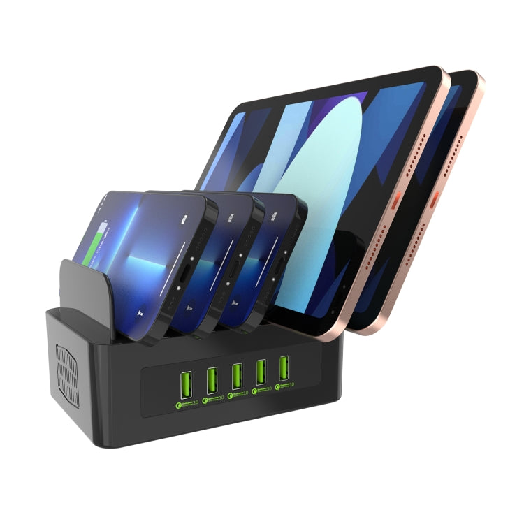 YFY-A53 Stazione di ricarica intelligente QC3.0 da 100 W, 5 porte USB, con supporto per telefono e tablet, YFY-A53