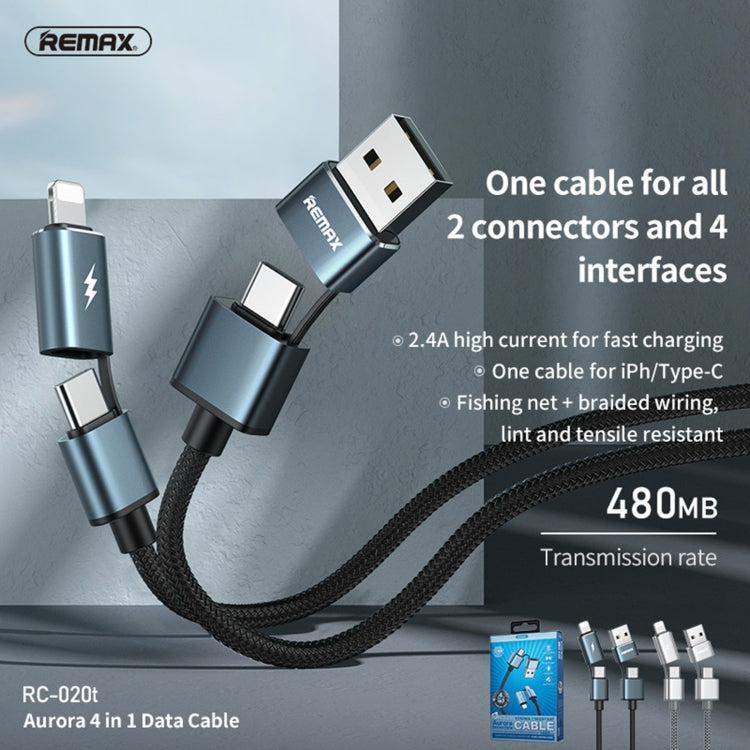 REMAX RC-020t 2.4A Aurora Series 4 in 1 8 pin + USB +2 x cavo di ricarica dati Snyc Type-C, lunghezza cavo: 1 m