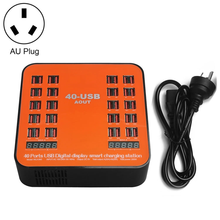WLX-840 Stazione di ricarica intelligente con display digitale USB da 200 W 40 porte AC100-240 V, spina AU (nero + arancione), AU Plug