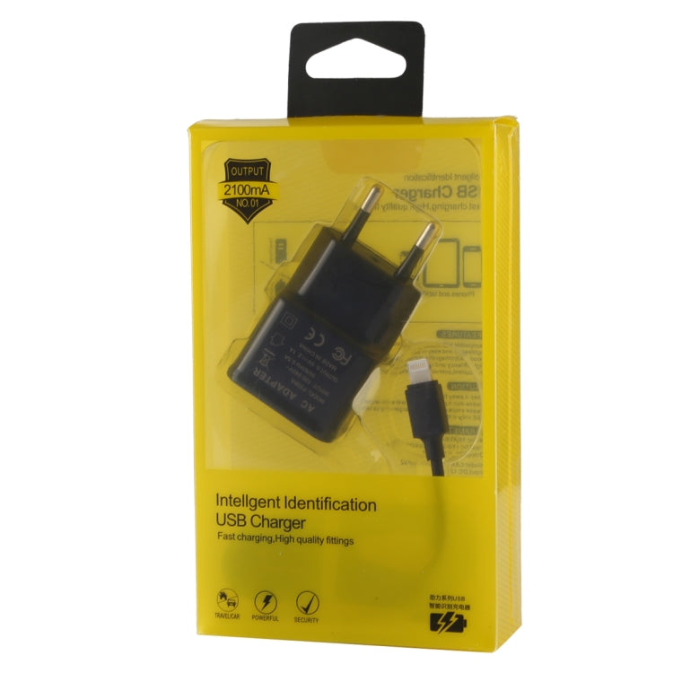 Per iPhone 5V 2.1A Caricatore USB con identificazione intelligente con cavo di ricarica da USB a 8 pin da 1 m, presa EU
