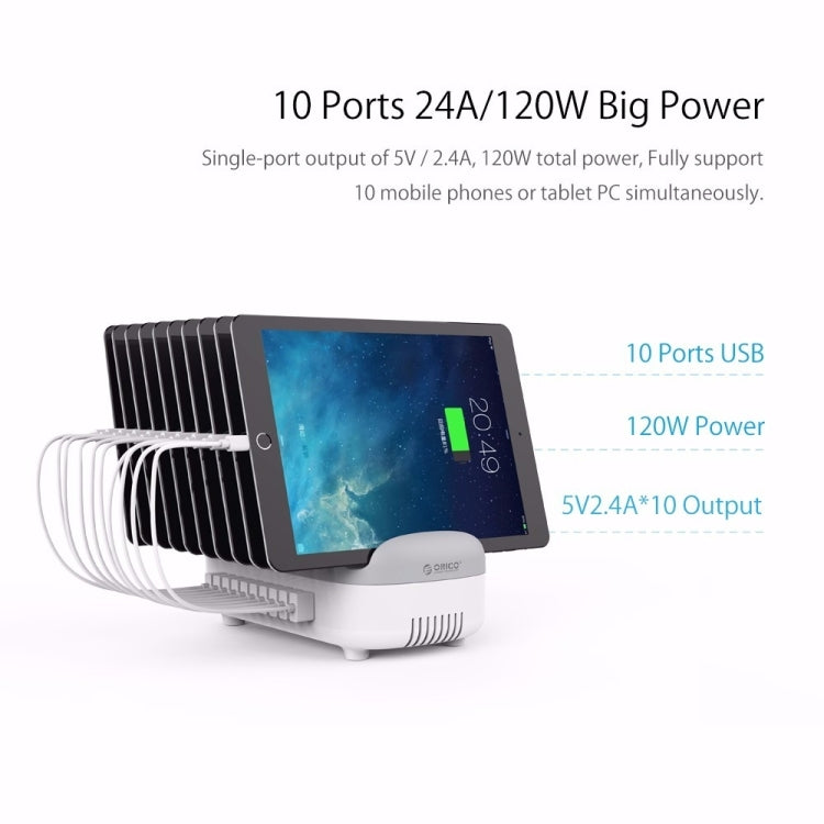 Stazione di ricarica intelligente ORICO DUK-10P 120 W 10 porte USB con supporto per telefono e tablet, EU Plug(Black), EU Plug(White), US Plug(Black), US Plug(White), UK Plug(Black), UK Plug(White), AU Plug(Black), AU Plug(White)