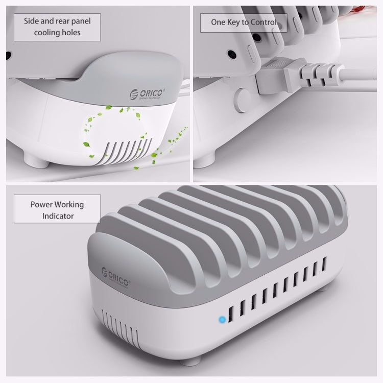 Stazione di ricarica intelligente ORICO DUK-10P 120 W 10 porte USB con supporto per telefono e tablet, EU Plug(Black), EU Plug(White), US Plug(Black), US Plug(White), UK Plug(Black), UK Plug(White), AU Plug(Black), AU Plug(White)