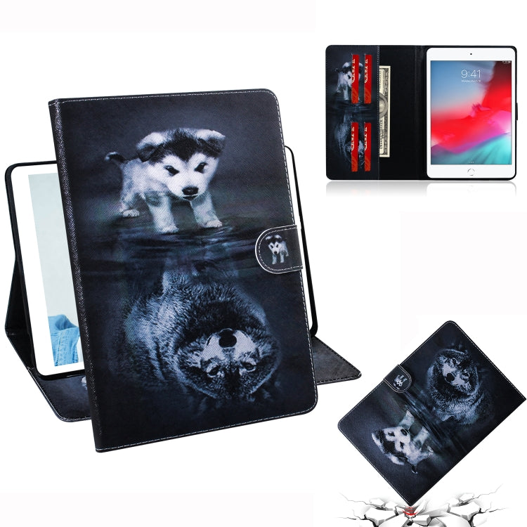 Custodia in pelle con chiusura orizzontale con motivo lupo e cane per iPad Mini (2019) / 4/3/2/1, con supporto, slot per carte e portafoglio, For iPad Mini (2019) / 4 / 3 / 2 / 1