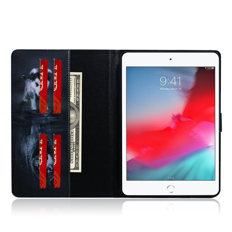 Custodia in pelle con chiusura orizzontale con motivo lupo e cane per iPad Mini (2019) / 4/3/2/1, con supporto, slot per carte e portafoglio, For iPad Mini (2019) / 4 / 3 / 2 / 1